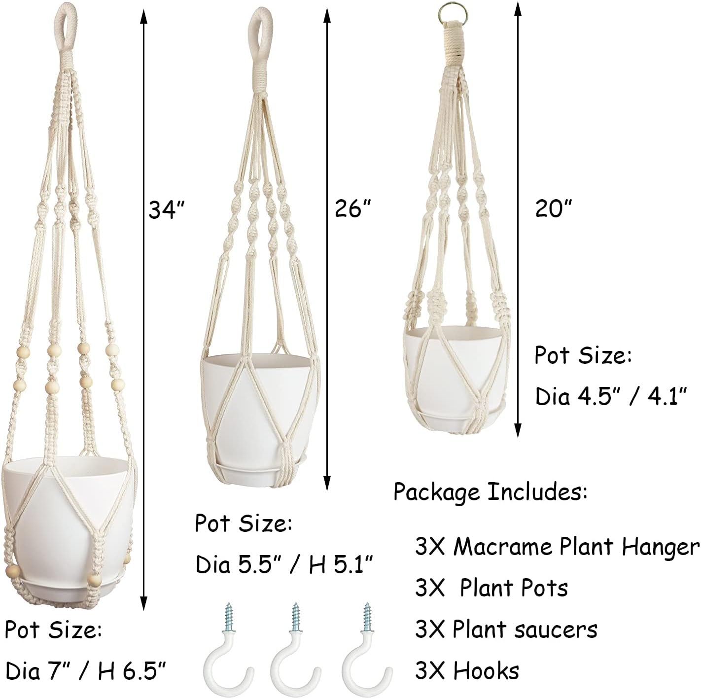 Macrame Plant Hangers with Pots and Saucers, 3 Pack Hanging Planters for Indoor Plants Hanging Plant Holders with Hooks 34" / 26" / 20"