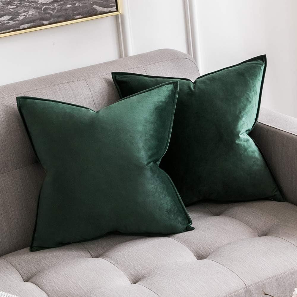 Pack of 2 Christmas Decorative Velvet Throw Pillow Cover Soft Pillowcase Solid Square Cushion Case for Winter Sofa Bedroom Car 16X16 Inch Army Green